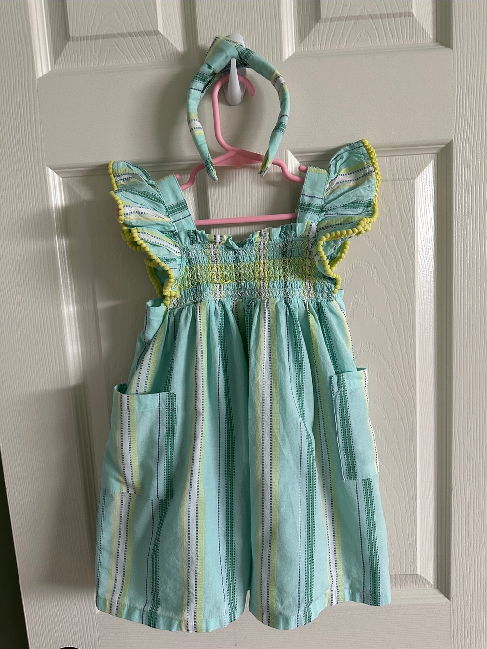 TAHARI Girls' Mint Striped Sundress with Ruffle Shoulders with matching headband